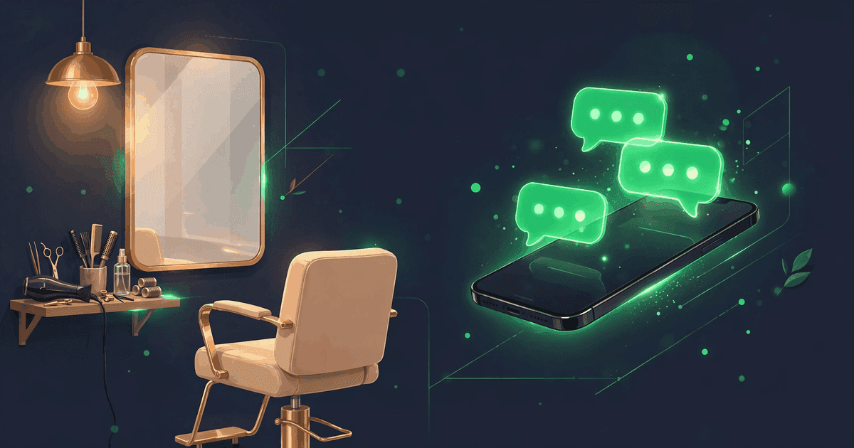 Salon ke liye WhatsApp automation ki illustration, salon aur chat bubbles