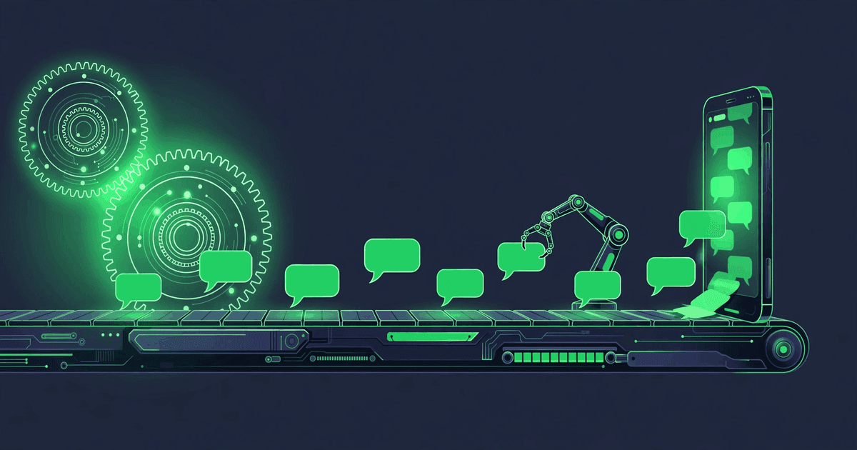 WhatsApp automation illustration, gears and chat bubbles flowing into a phone